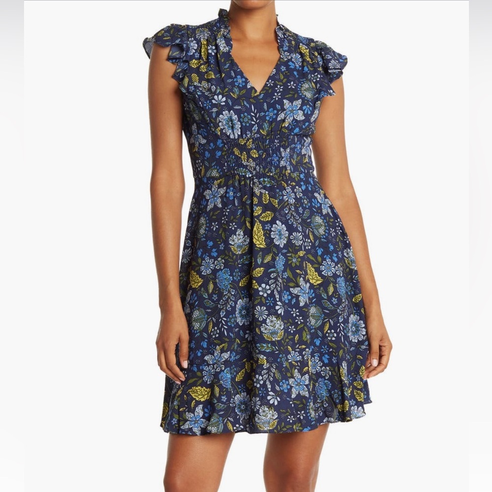 London Times Blue V-Neck Flounce Dress